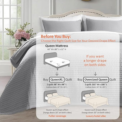 KASENTEX Queen XL Quilt Set 98"x98" – Soft Washed 3-Layer Lightweight Bedspread, Minimalist Nordic Design, All-Season Spring & Summer Quilt Set (1 Quilt + 2 Pillow Shams), Solid Grey