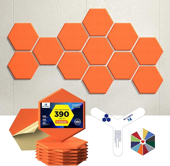 Self-Adhesive Acoustic Panels [390 lbs/yd³ Ultra-High Density], 2nd Generation Sound Absorbing Panel, Professional Level Sound Panel, Polyester Soundproof Foam [Size M, Orange]