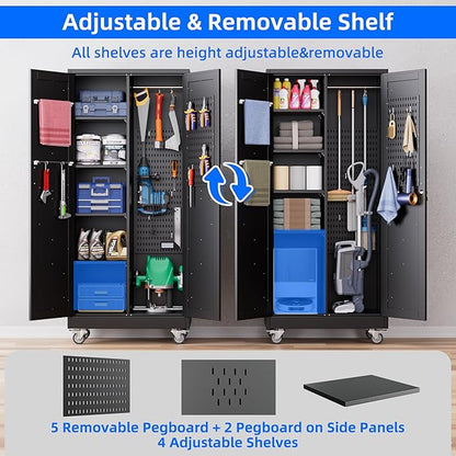 31.5 in Wide Garage Storage Cabinet, Metal Tool Cabinet with 4 Adjustable Shelves, Garage Storage System with Lockable Door for Offices, Gyms and Pantries, Black