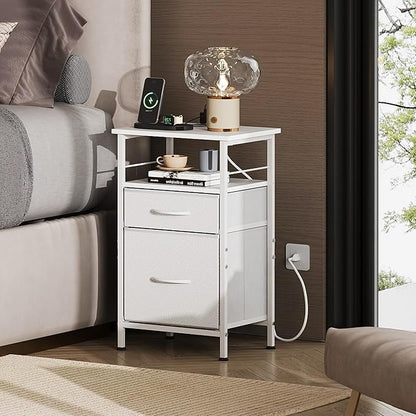 WLIVE Night Stand with Charger Station, White Nightstand with 2 Fabric Drawers, Bedside Table, Small Dresser for Bedroom, Side Table with USB Ports and Outlets