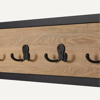 Amazon Basics Entry Bench with Hooks, Hall Tree with Shoe Storage Bench, Steel Frame, Oak Finish