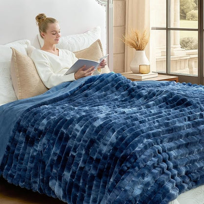 Cozy Bliss Faux Fur Throw Blanket for Couch, Cozy Warm Plush Striped Blanket for Sofa Bedroom Living Room, 108 * 90 Inches Tie-dye Blue