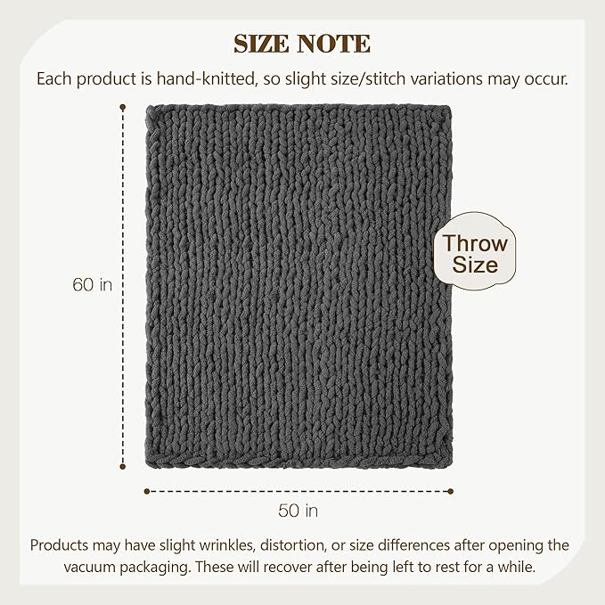 Carriediosa Chunky Knit Throw Blanket 50" X 60", 100% Hand Made Large Chenille Loop Yarn Soft Fluffy Throws for Couch Sofa Bed, Big Crochet Cozy Heavy Thick Cable Woven Blankets, Dark Grey
