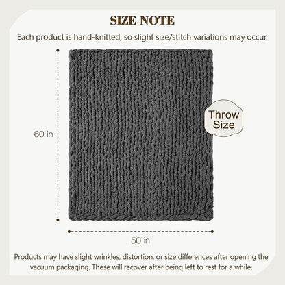 Carriediosa Chunky Knit Throw Blanket 50" X 60", 100% Hand Made Large Chenille Loop Yarn Soft Fluffy Throws for Couch Sofa Bed, Big Crochet Cozy Heavy Thick Cable Woven Blankets, Dark Grey