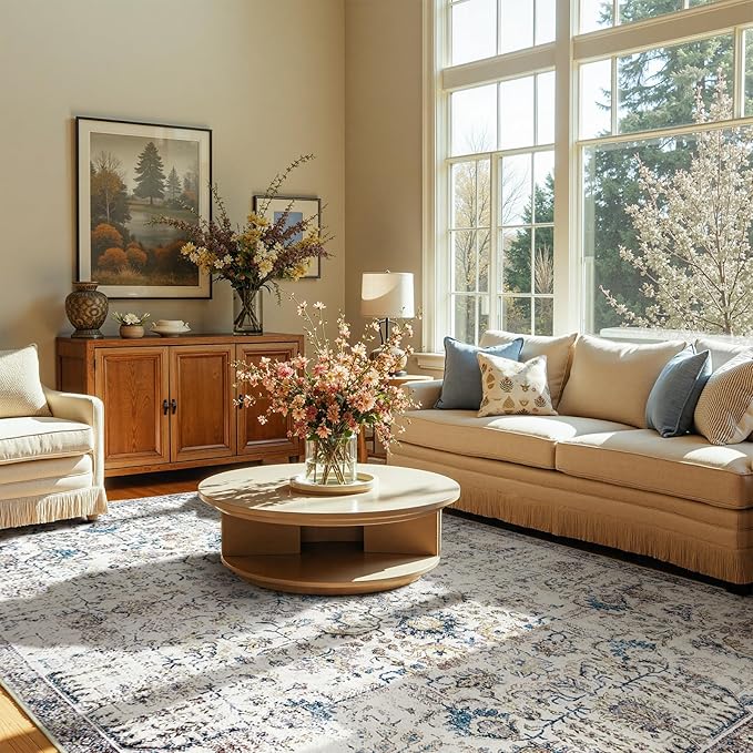 jinchan Kalen Area Rug 6x9 Washable Living Room Rug Vintage Indoor Large Floor Cover Retro Accent Mat Distressed Floral Country Boho Non Slip Thin Carpet for Bedroom Dining Room Office Blue Multi
