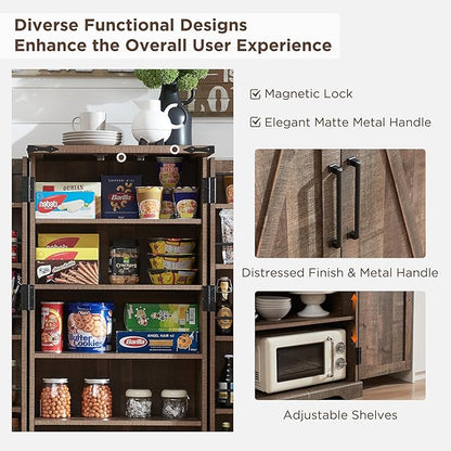 ACCOHOHO 47" Kitchen Pantry, Farmhouse Storage Cabinet with Barn Doors, Organizer and Adjustable Shelves, Rustic Wood Cupboard for Kitchen, Dining Room, Bathroom and Hallway, Rustic Brown