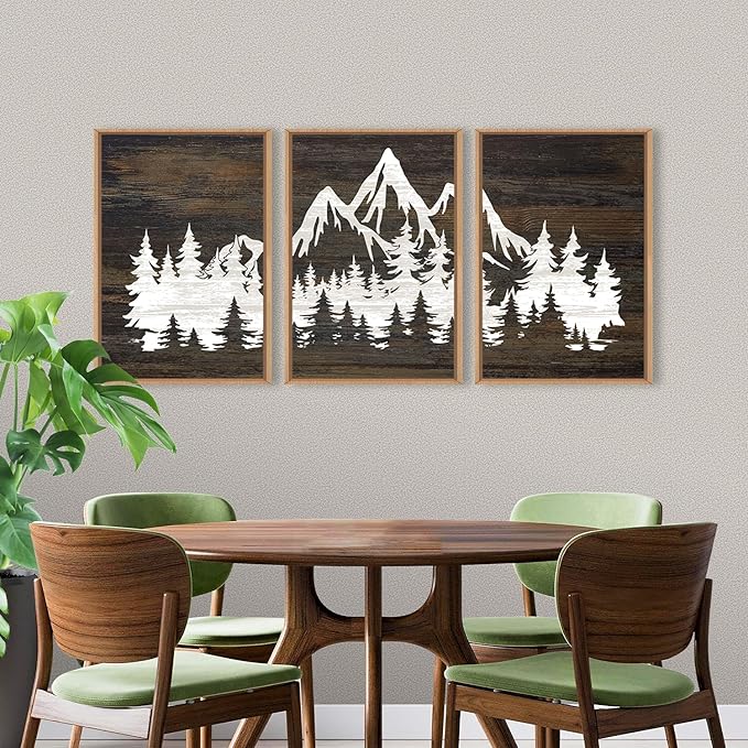 LHIUEM Large Mountain Tree Framed Canvas Wall Art Set,Modern White Forest Art Printing Country Minimalist Wood Wall Decor Farmhouse Zen Artwork for Living Room Bedroom Office-24''x36''x3
