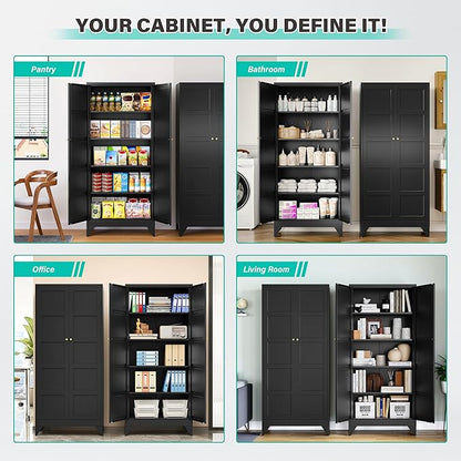 SISESOL Wide & Deep Metal Storage Cabinets with 2 Doors and 5 Shelves,Tall Storage Cabinet,Large Cupboard Closet,Pantry Storage Cabinet for Home,Kitchen,Dining/Living Room (Black, 72" H)