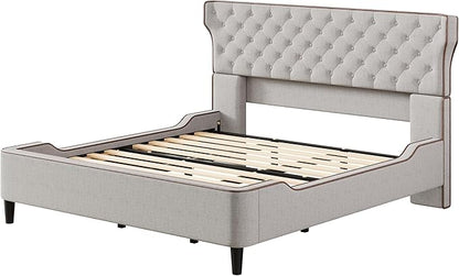 Christopher Knight Home Salus Linen Upholstered King Size Bed Frame with Headboard, Modern King Bed Frame and Headboard, Wooden Slats Support, Easy Assembly, No Box Spring Needed, Grey