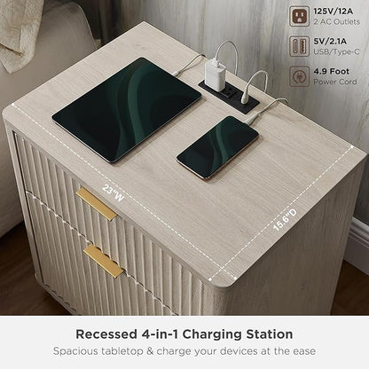 T4TREAM 23'' Fluted Nightstand with Charging Station, Large 2 Drawer Side Table, Modern End Table with Storage, Mid Century Bedside Table for Bedroom, Living Room, Curved Profile, White Alder