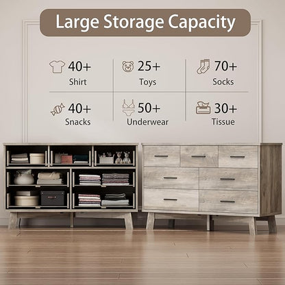 Dresser for Bedroom with 7 Drawer, Wood Modern Chest of Drawers with X-Shaped Sturdy Base, Wide Double Dresser Closet Clothes Storage Organizer, Wooden TV Stand for Living Room, Hallway, Grey