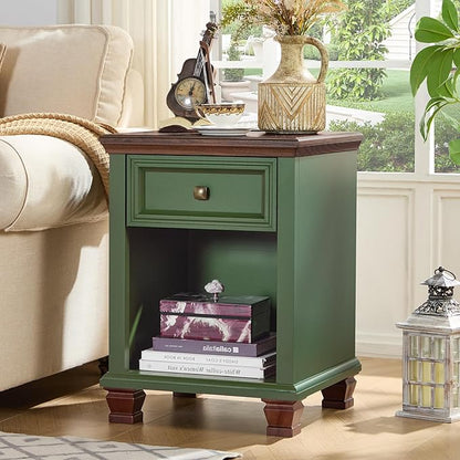 SAVOR LIFE Farmhouse End Tables Living Room Set of 2, Rustic Wood Nightstand with 1 Drawer, Bedside Table with Open Shelf for Bed Room, Side Table for Living Room, Green