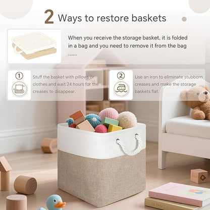 Fabric Cubes Storage Basket, 6 Pack 11x11 inch with Handles Cube Storage Bins, for Shelves, Home, Office Organizers (White/Khaki)