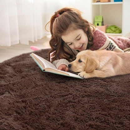 OLANLY Coffee Round Rugs for Bedroom - Machine Washable, 5 ft Circle Area Rugs for Living Room, Soft and Fluffy Shaggy Carpet for Teen Girls and Boys, Nursery Rooms, Dorms, Home Decor Aesthetic