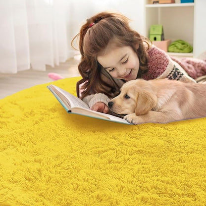 OLANLY Yellow Round Rugs for Bedroom - Machine Washable, 7 ft Circle Area Rugs for Living Room, Soft and Fluffy Shaggy Carpet for Teen Girl and Boys, Nursery Rooms, Dorms, Home Decor Aesthetic