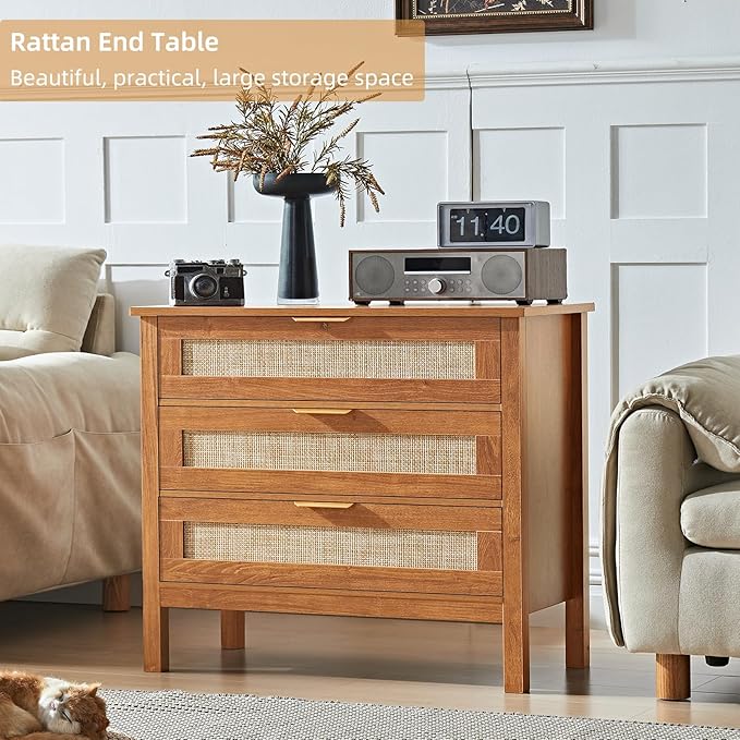 LEYAOYAO 31.5" Wide Rattan Nightstand, Large Boho 3 Drawer Night Stand, Tea Brown Bedside Table with Storage, Tall Bed Side End Tables, Chest of Drawers Dressers for Bedroom, Living Room, Hallway