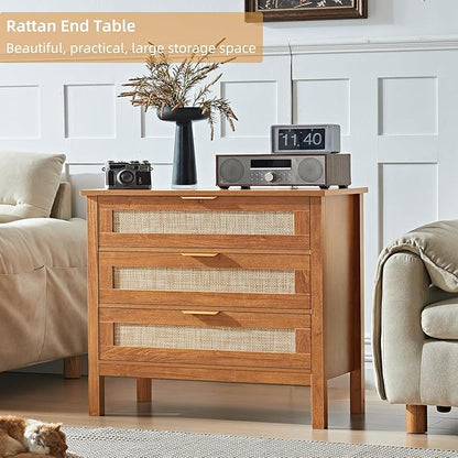 LEYAOYAO 31.5" Wide Rattan Nightstand, Large Boho 3 Drawer Night Stand, Tea Brown Bedside Table with Storage, Tall Bed Side End Tables, Chest of Drawers Dressers for Bedroom, Living Room, Hallway