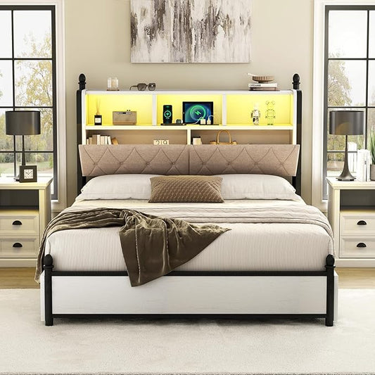 AMERLIFE Full Size Bed Frame with Bookcase Headboard and 4 Storage Drawers, Wooden Platform Bed with Charging Station and LED Light, No Box Spring Needed/Noise-Free, White