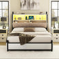AMERLIFE Full Size Bed Frame with Bookcase Headboard and 4 Storage Drawers, Wooden Platform Bed with Charging Station and LED Light, No Box Spring Needed/Noise-Free, White