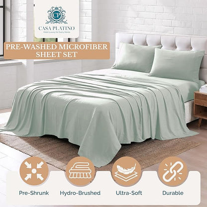 Casa Platino Queen Size Sheet Set, Pre-Washed Brushed Microfiber Bed Sheets, Ultra Soft & Smooth Sheets for Queen Bed, Deep Pocket Fitted Sheet Set, Lasting Quality, No Pill Fabric – Mineral