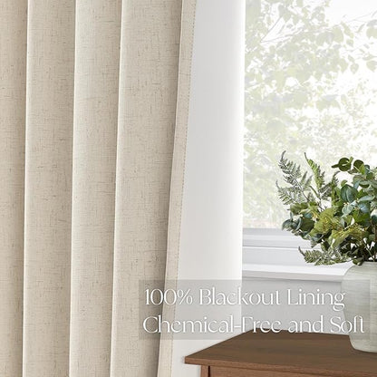Topfinel 92 Inches Long Custom Tan Black Out Custom Drapery Panels, Burlap Opaque Pinch Pleated Window Coverings, Cream Farmhouse Back Tab Curtains