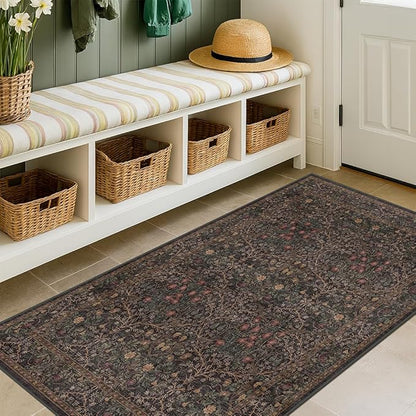 Boho Taupe Brown 3x5 Large Entryway Rug - Modern Vintage Golden Floral Oriental Neutral, Washable Low Pile Non-Slip Area Rugs for Door Mat Indoor Entrance, Kitchen, Laundry