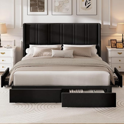 LARMACE Queen Size Bed Frame with 4 Storage Drawers and Wingback Headboard Velvet Upholstered Platform Bed Frame with Wooden Slats, Easy Assembly, Black