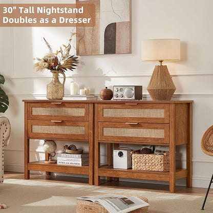 LEYAOYAO 31.5" Wide Rattan Night Stand, Oversized Large Boho Nightstand with 2 Drawer, Tea Brown Bed Side End Tables with Storage Shelf, Tall Bedside Table for Bedroom Living Room, Hallway