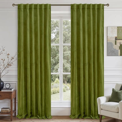 LAMIT Velvet Curtains for Living Room 96 Inch, Vintage Blackout Thermal Insulated Panels Super Soft Back Tab and Rod Pocket Room Darkening Window Drapes for Bedroom, 2 Panels, Moss Green 52 x 96 Inch