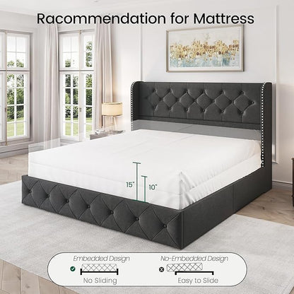 LARMACE Upholstered Queen Size Bed Frame with 4 Storage Drawers and Wingback Headboard Tufted Platform Bed Frame Linen Beds with Wooden Slats Support, Easy Assembly, Dark Grey