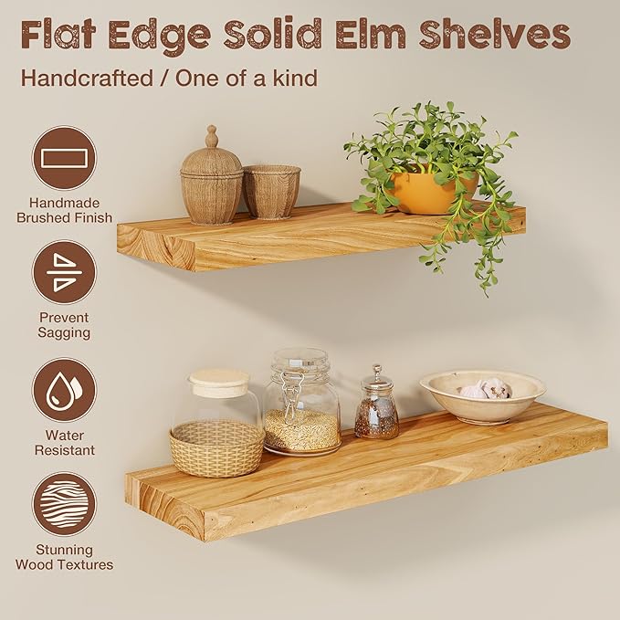 fuqing Floating Shelves for Wall, 55 inch Rustic Solid Elm Wood Floating Shelves, Wooden Wall Shelves with Invisible Heavy Duty Brackets for Living Room, Bedroom, Kitchen, Bathroom, 1 Pack, Natural