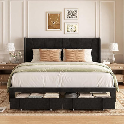 King Bed Frame with Storage Drawers, Upholstered King Size Platform Bed with 47“ Tall Headboard and Wingboard, No Box Spring Needed, NO Noise, Easy Assembly, Wooden Support Slats, Black