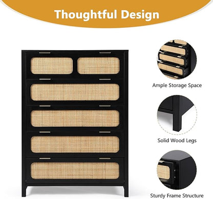 LEVNARY 5 Drawer Chest Dresser, Rattan Tall Dresser 5 Chest of Drawers Dressers for Bedroom, Wooden Storage Cane Cabinet with Metal Handles for Living Room Hallway (Black)