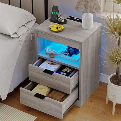 Tiptiper LED Nightstand Set of 2, Gray Nightstand with Wireless Charging Station, Night Stand with Drawers & Pull-Out Shelf, Modern Bedside Table with Storage, End Side Table