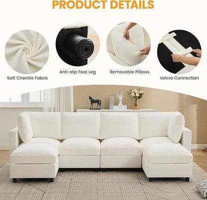 89'' 3-Seater Modular Sectional Cloud Sofa with Ottoman, L-Shaped Couch for Living Room, Modern Convertible Deep Seats Sofa, Chenille Beige