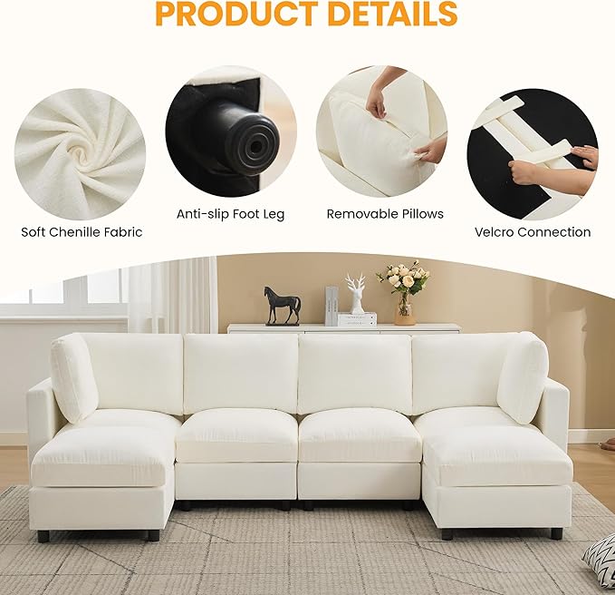 116'' 4-Seater Modular Sectional Cloud Sofa with 2 Ottomans, U-Shaped Couch for Living Room, Modern Deep Seat Sofa with Soft Back Cushions, Chenille Beige