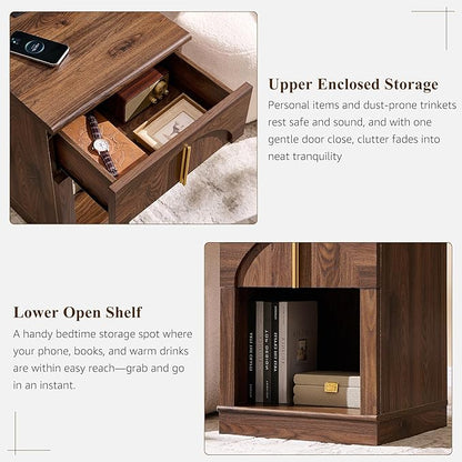 ACCOHOHO Modern Night Stand Set 2 with Arched Panel,18" Wooden nightstand with Charging Station,Bedside Table with Drawer Storage,Side End Table with Open Shelf for Bedroom、Living Room,Brown