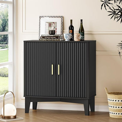Storage Cabinet with Doors and Adjustable Shelf, Modern Fluted Sideboard Buffet Cabinet, Freestanding Coffee Bar for Kitchen, Pantry, Entryway, Living Room (Black)