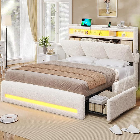 VIAGDO Full Size Bed Frame with Storage Headboard and Charging Station, Boucle Upholstered Bed Frame Full Size with 4 Drawers and LED Lights, Type C and USB, No Box Spring Needed, Cream White