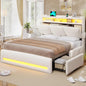 VIAGDO Full Size Bed Frame with Storage Headboard and Charging Station, Boucle Upholstered Bed Frame Full Size with 4 Drawers and LED Lights, Type C and USB, No Box Spring Needed, Cream White