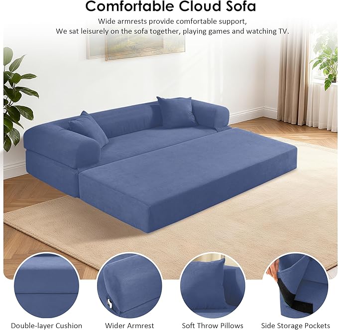 80" Convertible Sofa Bed, 3-in-1 Corduroy Folding Pull Out Couch with Pillows, No Assembly Modern Boneless Couch Compression Sofa in Box, Floor Sofa with Side Storage for Living Room,Dark Smog Blue