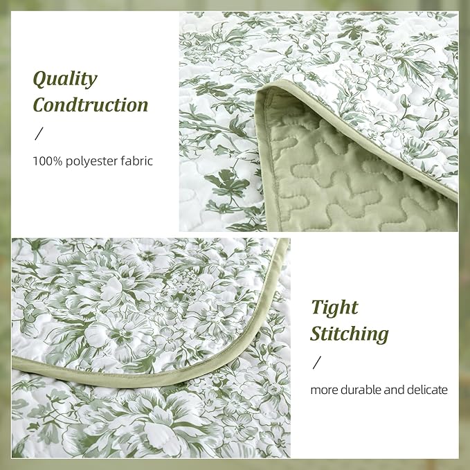 WONGS BEDDING California King Quilt Sets, Sage Green Quilt Bedding Set with 2 Pillowcases, Botanical Quilt for Cal King Bed, Soft Microfiber Lightweight Coverlet Bedspread for All Season (112"×96")