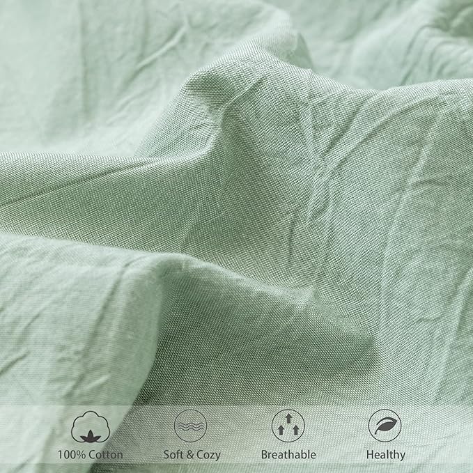 MooMee Fitted Bottom Sheet Only 100% Washed Cotton Linen Like Textured Breathable Durable Soft Comfy Deep Pocket Fits Mattress up to 17" (Sage Green, Twin)