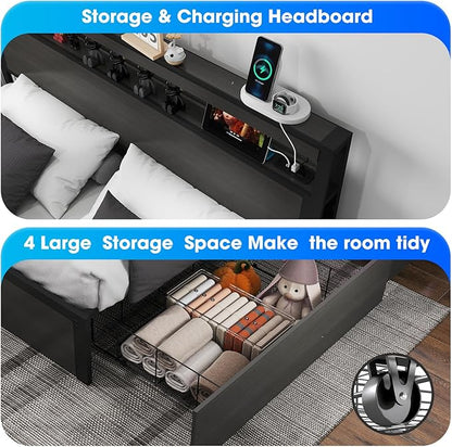 Queen Bed Frame with Storage Headboard and 4 Drawers, Metal Platform Bed Frame with LED Light, Charging Station, No Box Spring Needed, Noise Free, Easy Assembly,Charcoal Grey