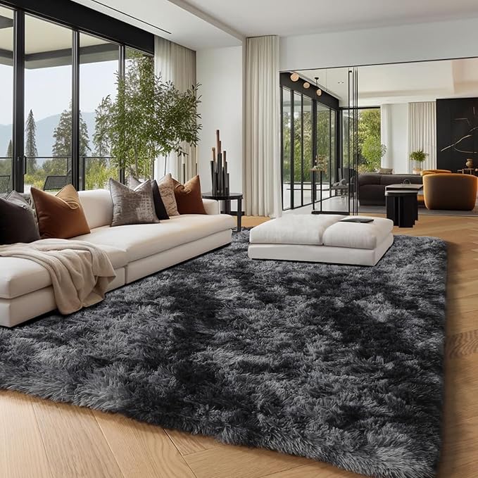 PAGISOFE Abstract Shaggy Area Rug 4' x 6' Plush Furry Rugs for Living Room, Tie-Dyed Dark Grey Soft Fluffy Rugs for Bedroom Grils Boys, Fuzzy Rug for Nursery, Dorm. Shag Carpet for Kids Room Decor