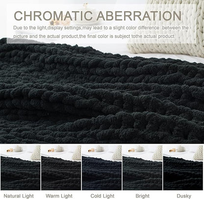 Chunky Knit Throw Blanket 60"X 80", 100% Handmade with Soft Chenille Yarn, 6.7lbs Thick Cable Knitted Blankets, Large Rope Knot Crochet Throws for Couch Sofa Bed Home Decor, Black