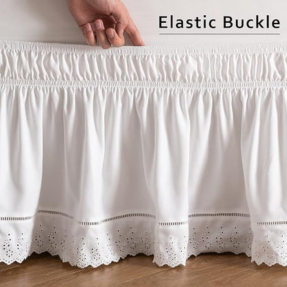 MIYE Wrap Around Ruffled Lace Bed Skirt, Elastic Dust Ruffle with Adjustable Belts,15 Inch Drop Easy to Put On, Bed Frame Cover, Machine Washable (Embroidered, King/Queen-15)