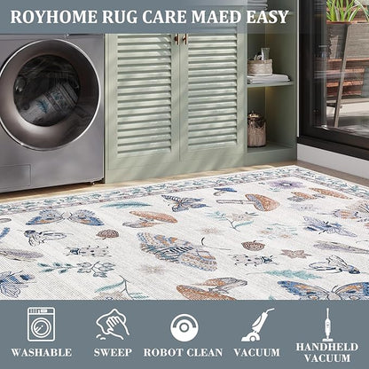Washable Rug 5x7 Area Rugs for Living Room, Mushroom Insect Rug for Bedroom, 5x7 Rug Non Slip Throw Rugs with Rubber Back, Low Pile Stain Resistant Modern Carpet for Dining Room Dorm,Beige