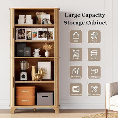 69" Tall Kitchen Pantry Storage Cabinet with Sliding Door, Modern Curved Edge Pantry Storage Cabinet with 5 Shelves, Cupboard for The Kitchen, Dining Room, Bedroom, Living Room, Office (Oak)
