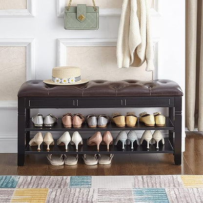 Shoe Storage Bench with Cushion, Entry Bench with Storage Solid Wood Shoe Bench Ideal for Entryway Living Room and Corridor (Black, 39.4'')